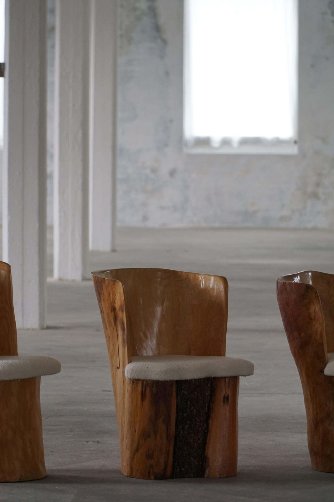 photo furniture Swedish Modern, Set Of Four Stump Chairs, Solid Wood With Bouclé Seats, 1960s