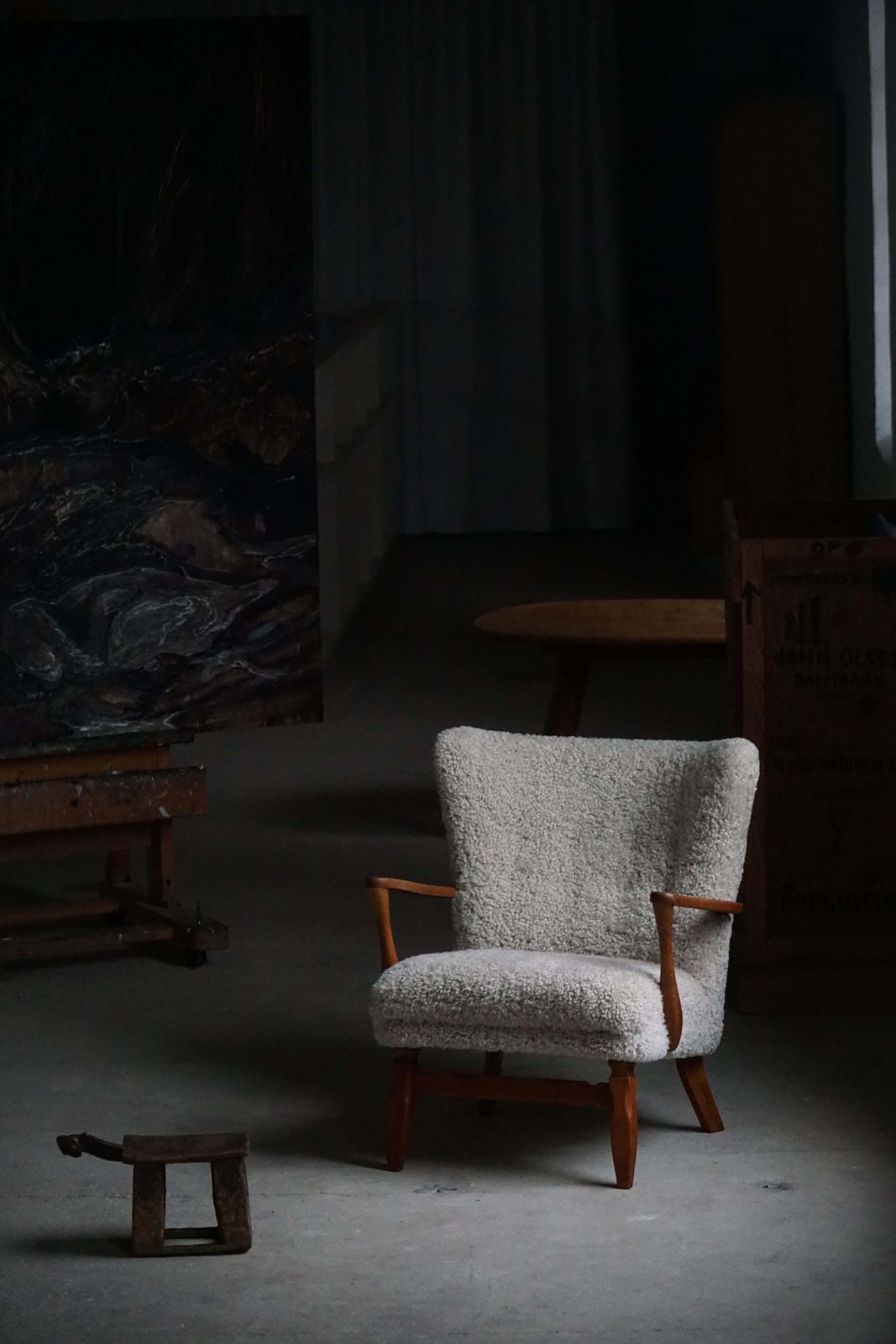 Viggo Boesen, Lounge Chair In Oak & Shearling Lambswool, Danish Modern, 1950s photo furniture