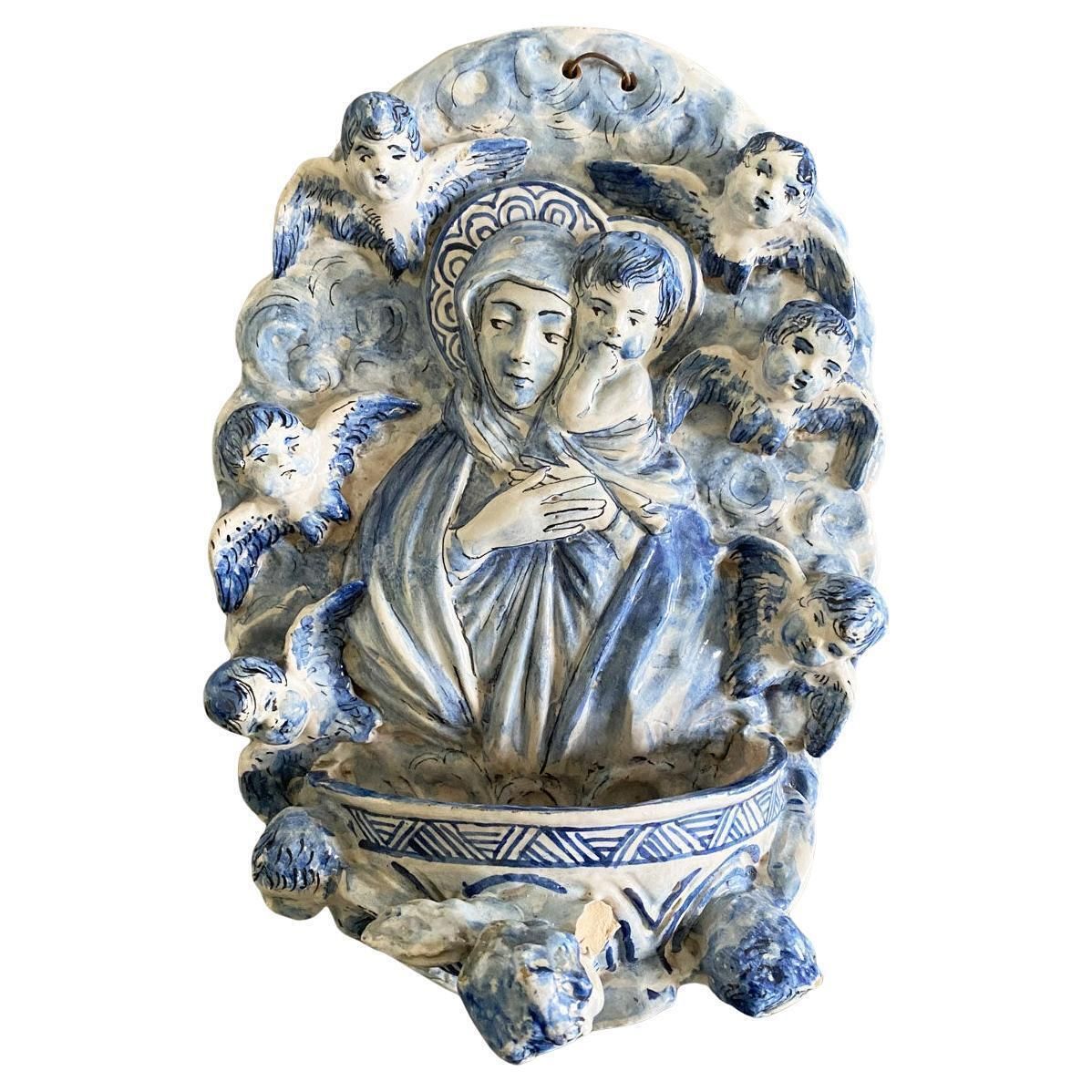 Italy Mid 20th Century White And Blue Pottery Holy Water Font With Little Angels