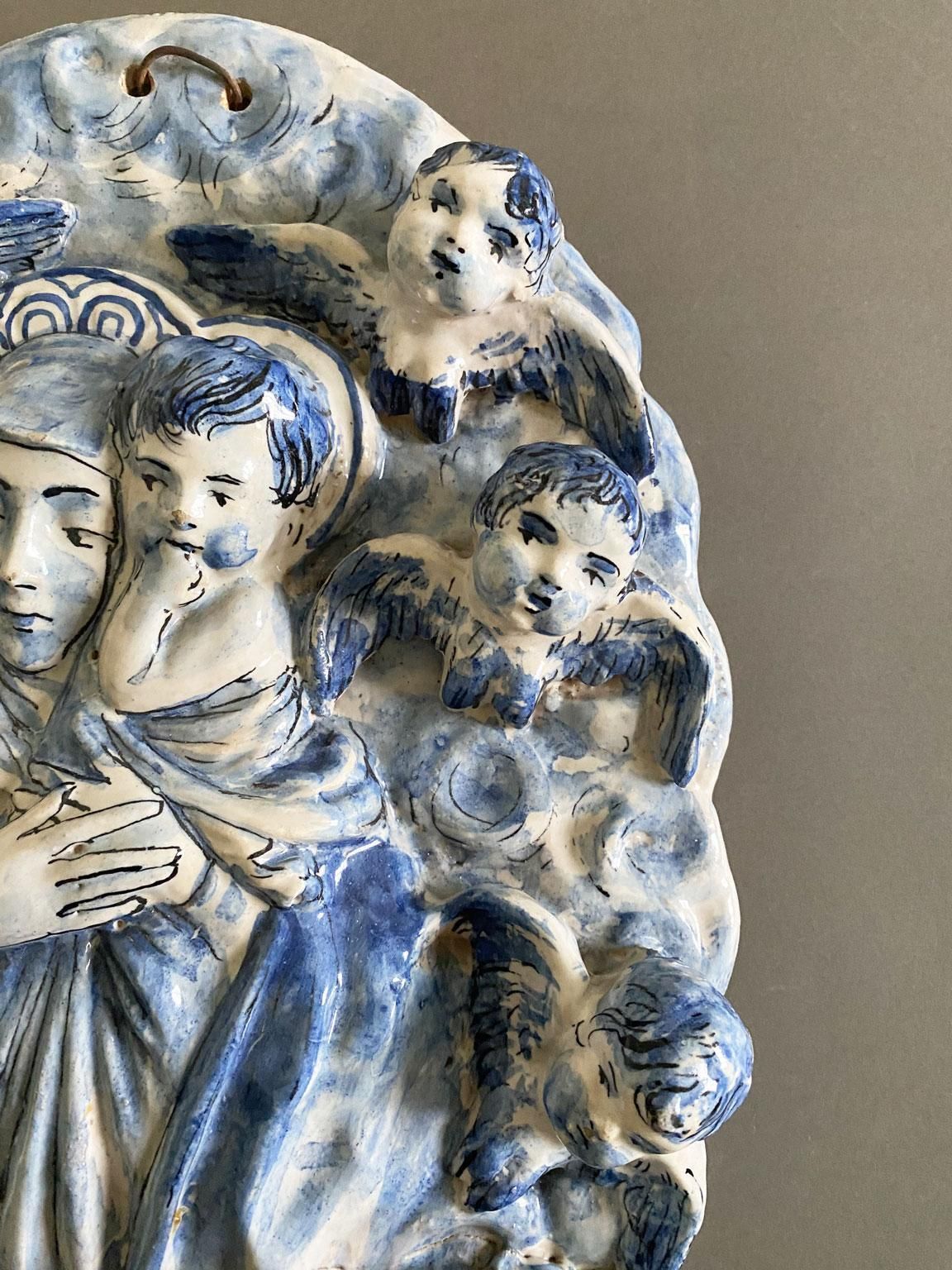 Italy Mid 20th Century White And Blue Pottery Holy Water Font With Little Angels photo 680.0