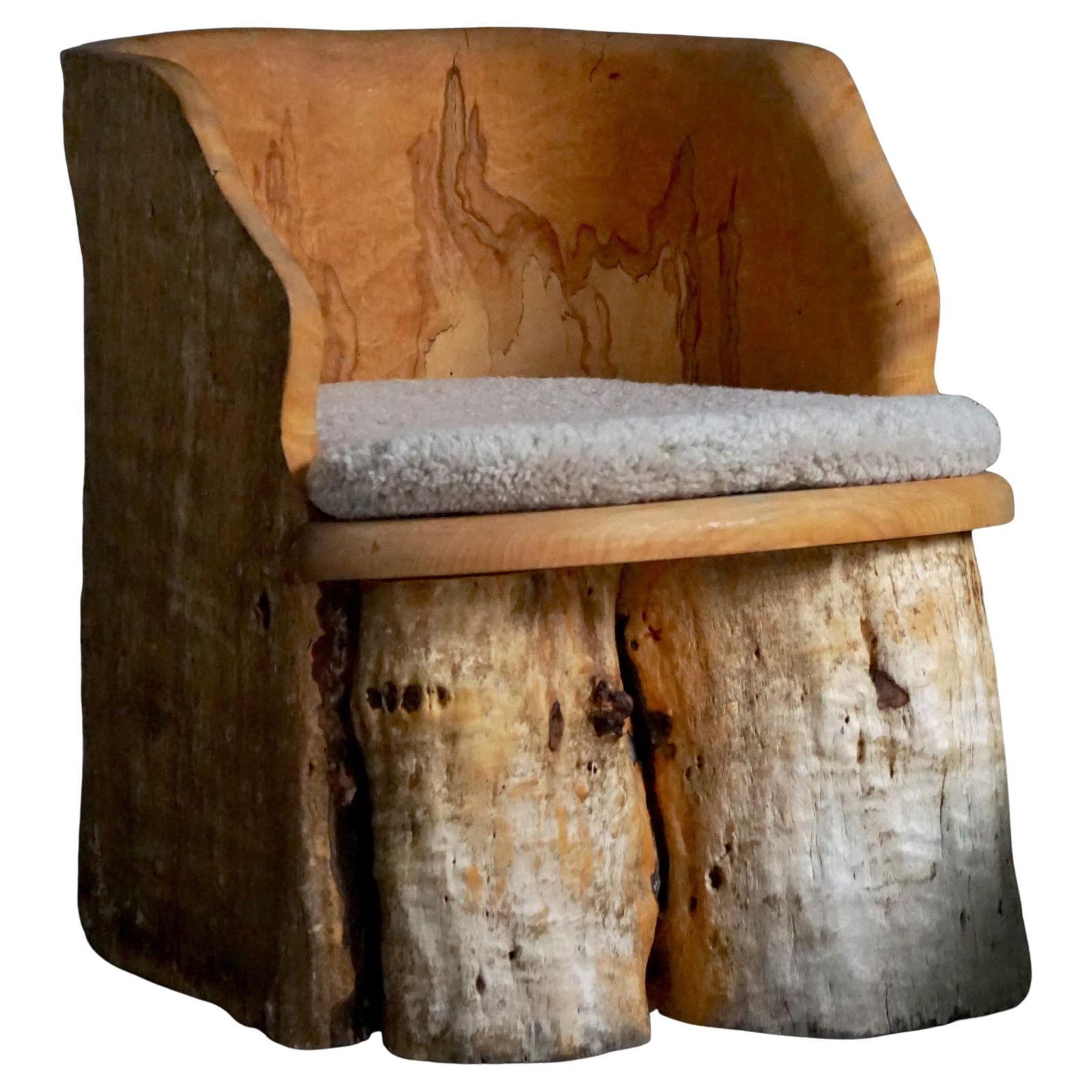 Brutalist Stump Chair In Solid Wood & Lambswool Seat, Swedish Mid Century, 1960s