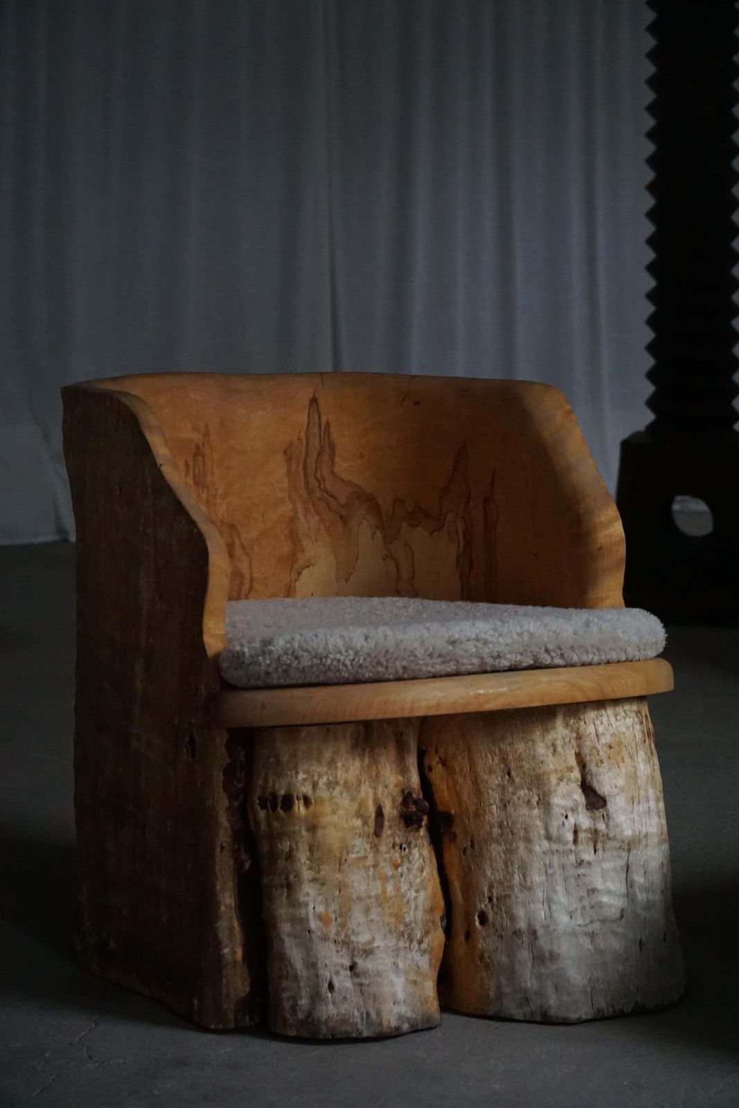 Brutalist Stump Chair In Solid Wood & Lambswool Seat, Swedish Mid Century, 1960s photo vintage