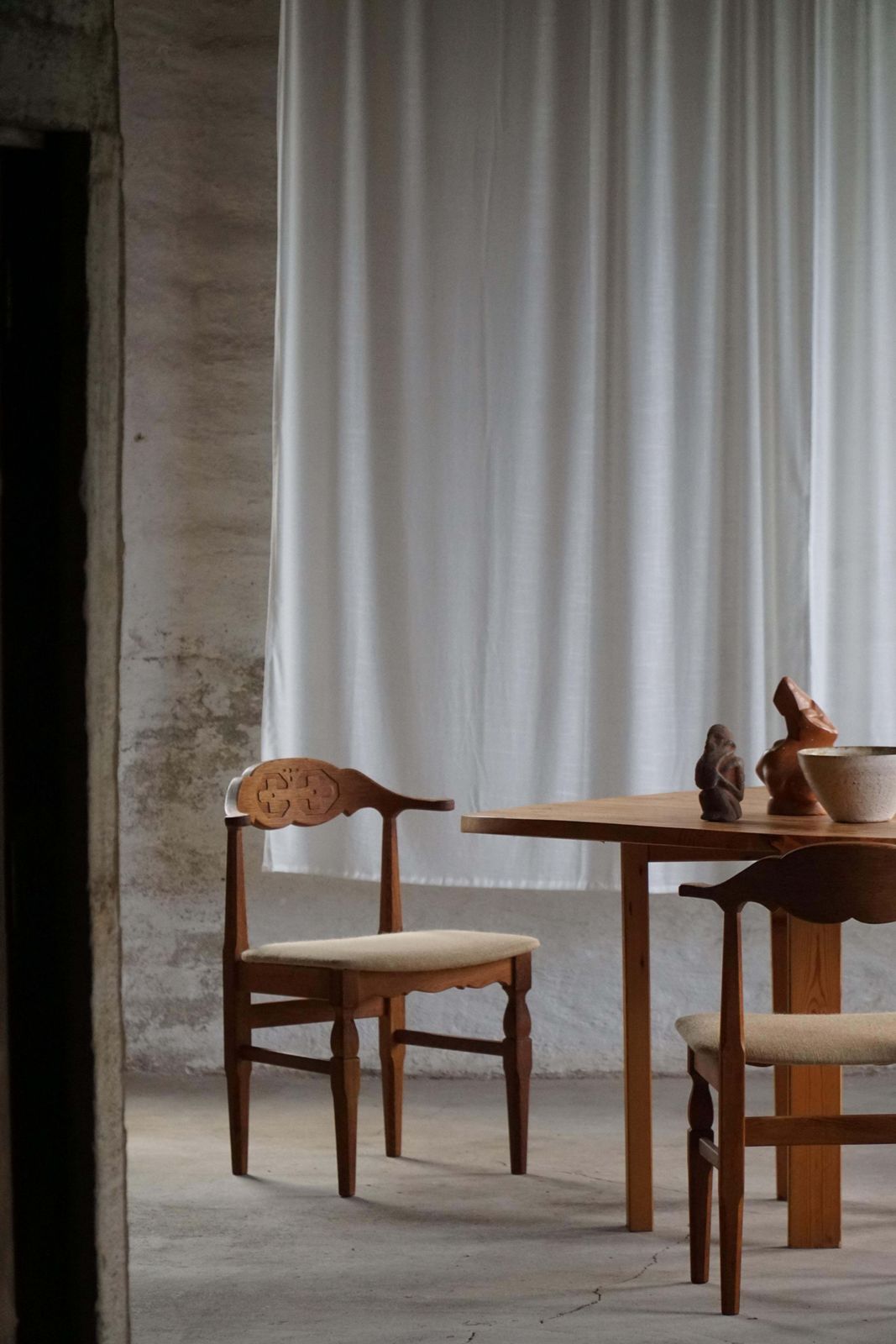 photo for sale Henning Kjærnulf, Set Of 8 Chairs In Oak & Hessian, Danish Mid Century, 1960s