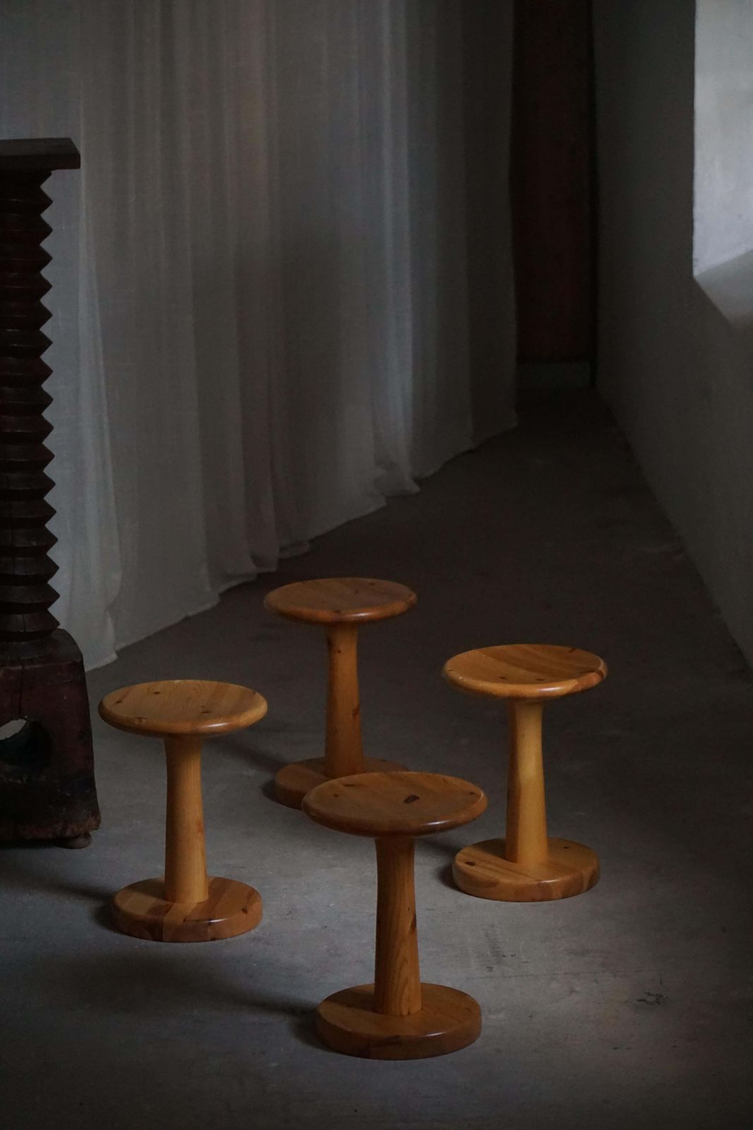 photo for sale Danish Mid 20th Century, Set Of 4 Rainer Daumiller Pine Stools / Pedestals, 1970