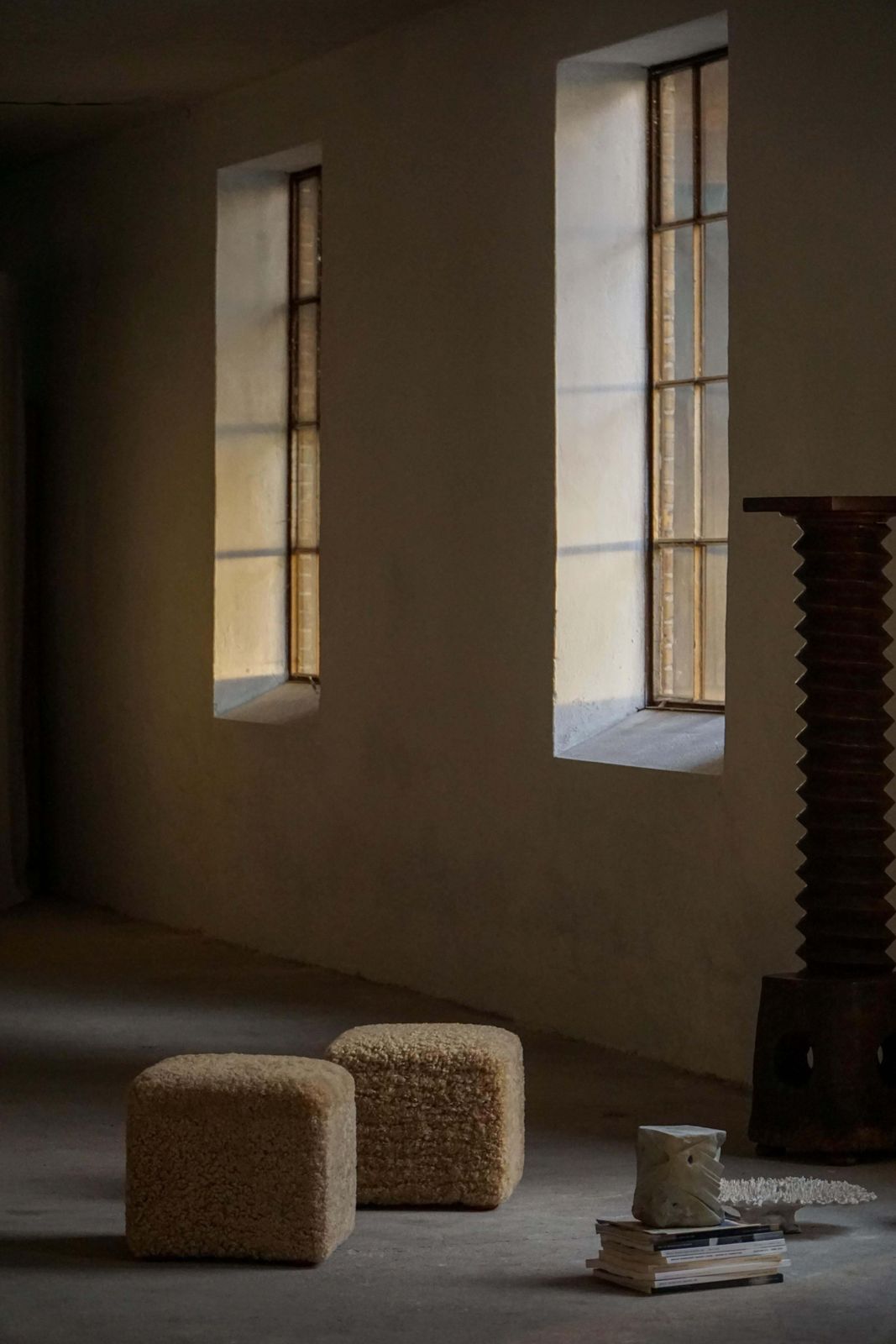 French Mid Century Modern, A Pair Of Cube Poufs / Stools In Lambswool, 1960s photo furniture