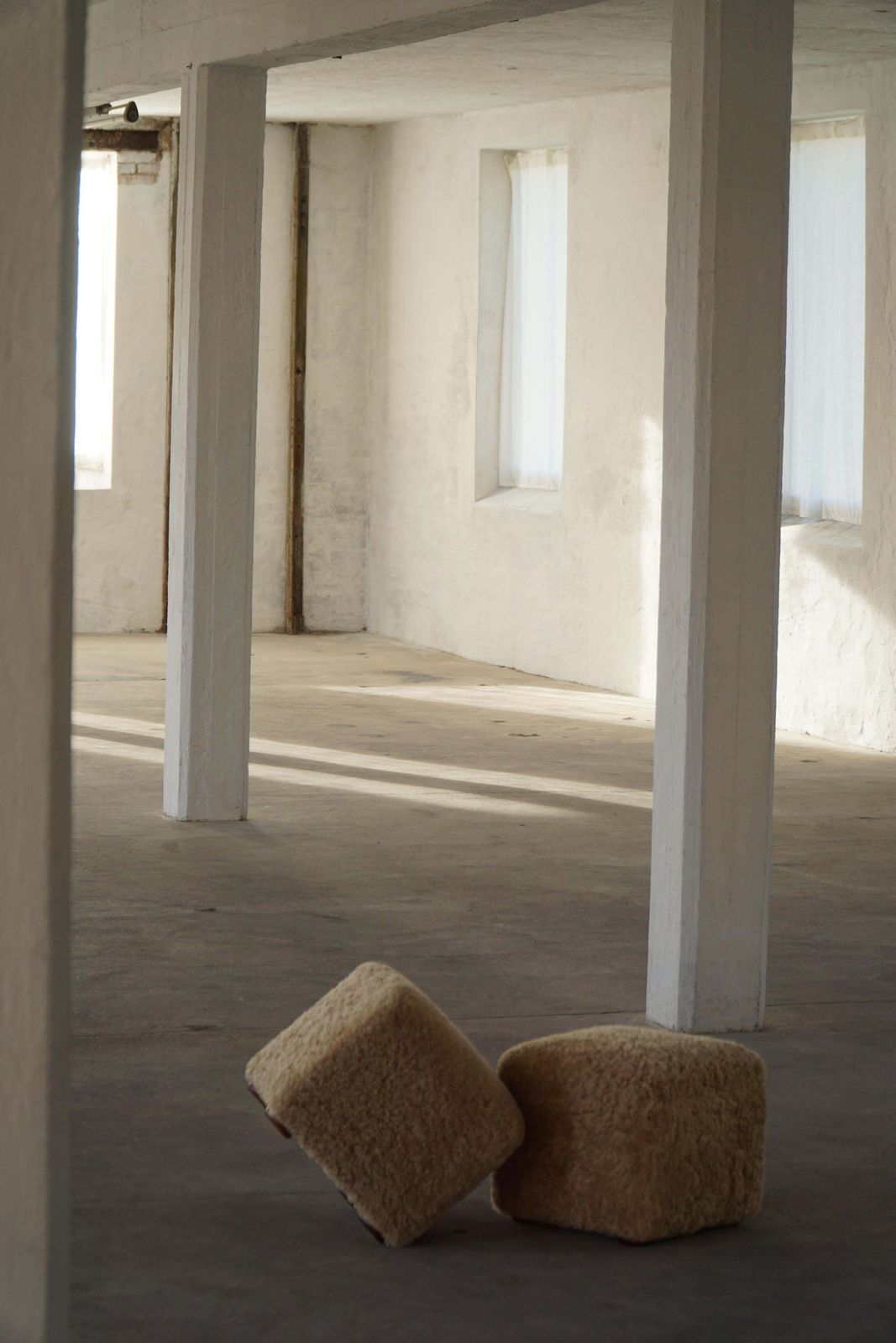 photo for sale French Mid Century Modern, A Pair Of Cube Poufs / Stools In Lambswool, 1960s