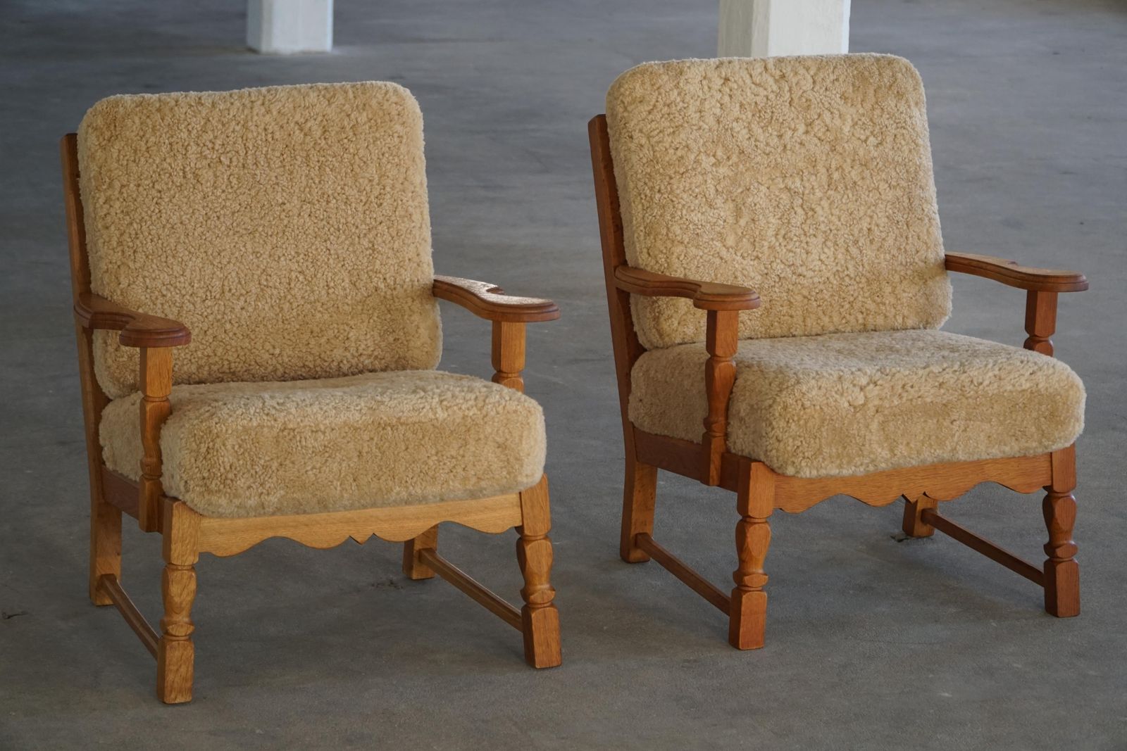photo for sale Danish Modern, Pair Of Lounge Chairs In Oak & Lambswool, Henning Kjærnulf, 1960s
