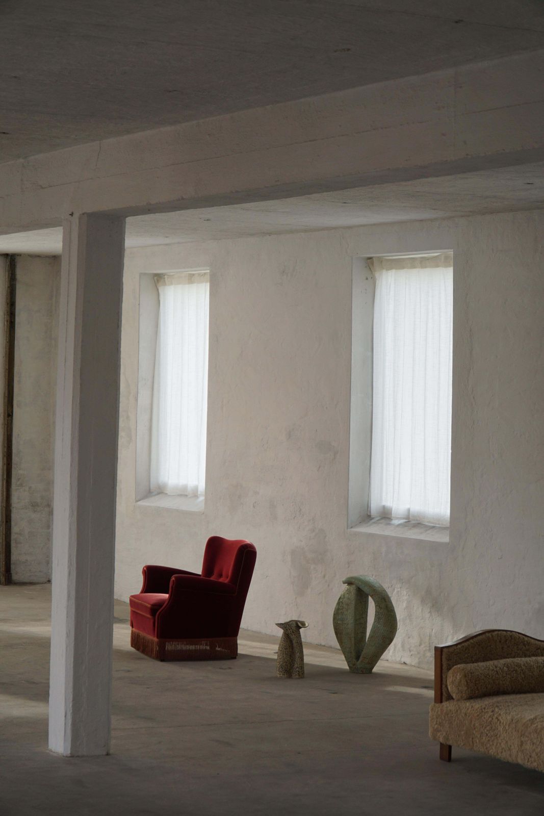 photo for sale Pair Of Danish Modern Lounge Chairs, Cherry Red Velvet, 1950s