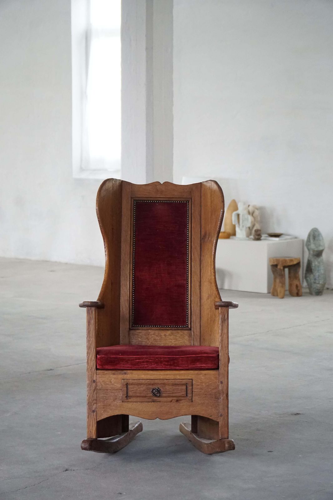 Antique English Lambing Rocking Chair With Red Velvet Upholstery, 19th Century photo for sale