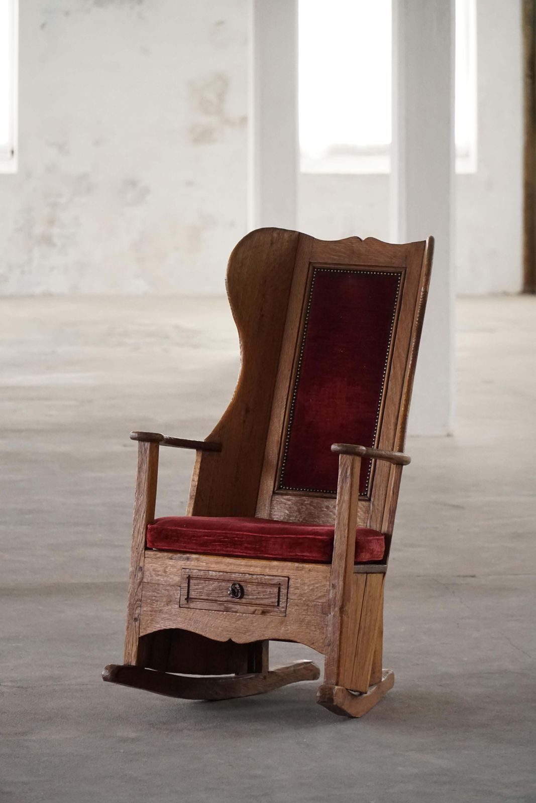 photo for sale Antique English Lambing Rocking Chair With Red Velvet Upholstery, 19th Century