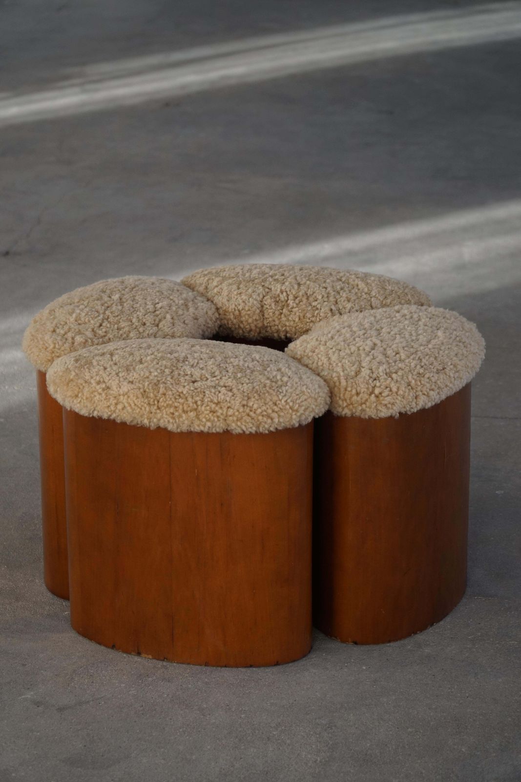 photo for sale Set Of 4 Sculptural French Art Deco Stools In Wood & Lambswool, 1940s