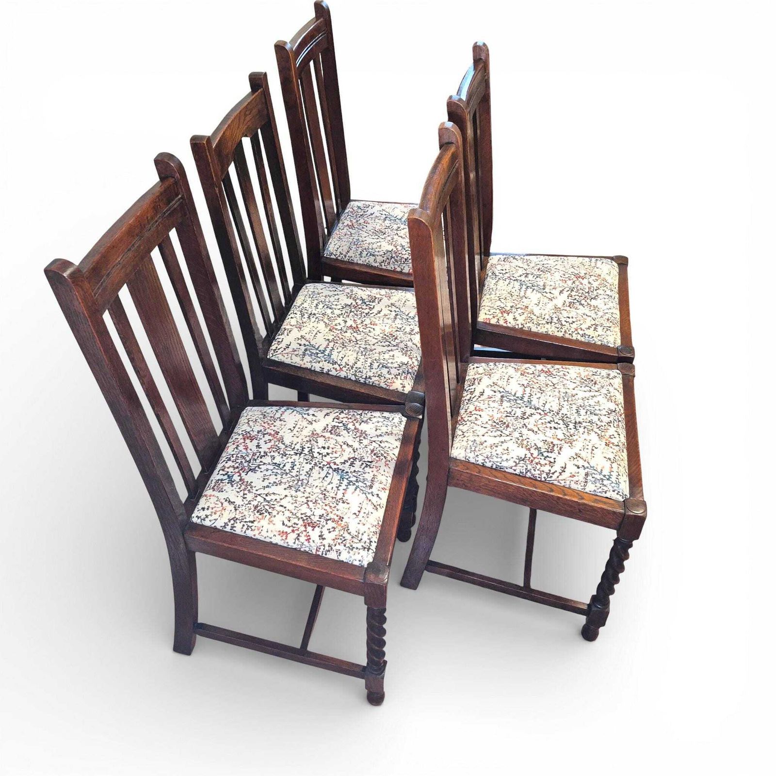 Set Of 5 Oak Barley Twist Dining Chairs | Vintage Oak Chairs | Upholstered Seats photo Furniture