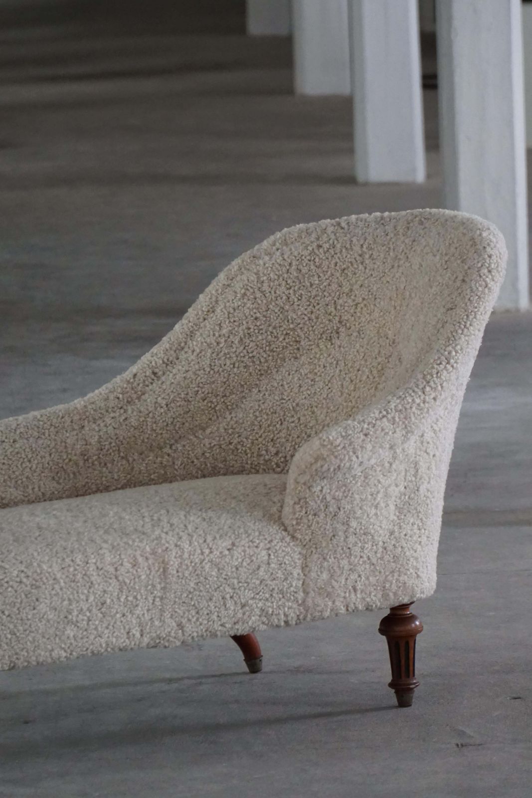 photo for sale Antique Danish 19th Century Sculptural Chaise Longue, Reupholstered In Lambswool