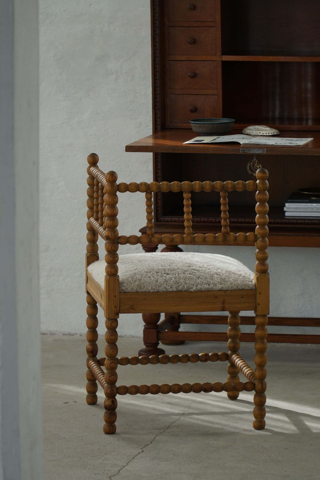 French Antique Hand Crafted Bobbin Corner Chair With Lambswool, Early 20th C photo Furniture