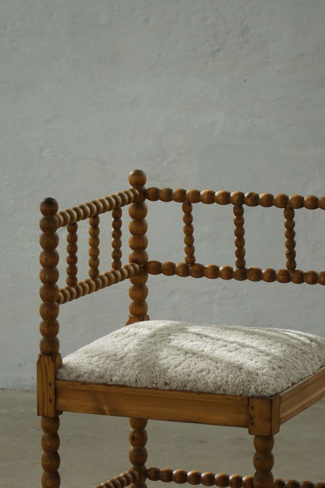 photo for sale French Antique Hand Crafted Bobbin Corner Chair With Lambswool, Early 20th C