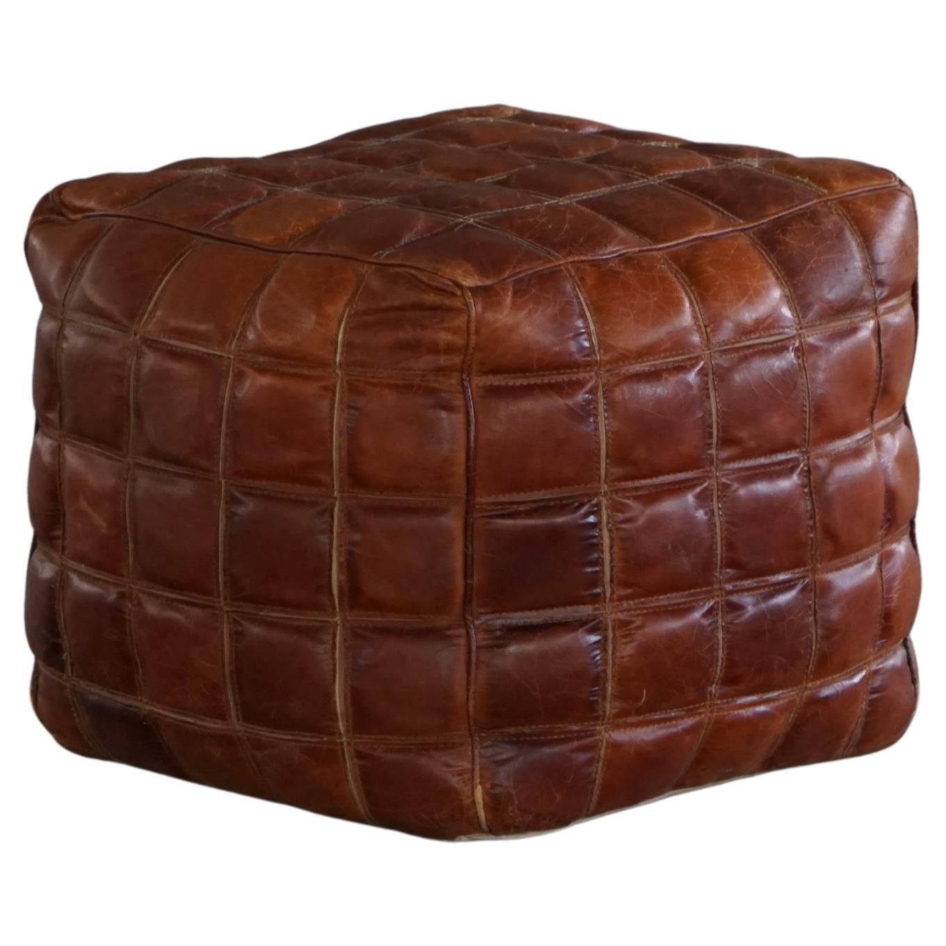 Mid 20th Century, Cube Pouf / Ottoman In Patinated Brown Leather, 1960s