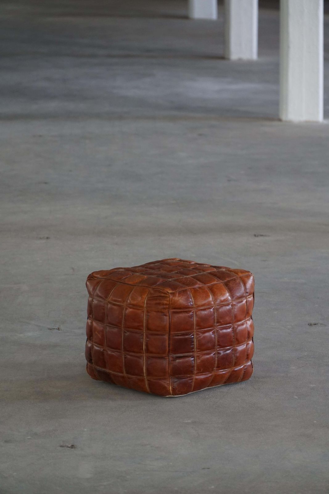Mid 20th Century, Cube Pouf / Ottoman In Patinated Brown Leather, 1960s photo for sale