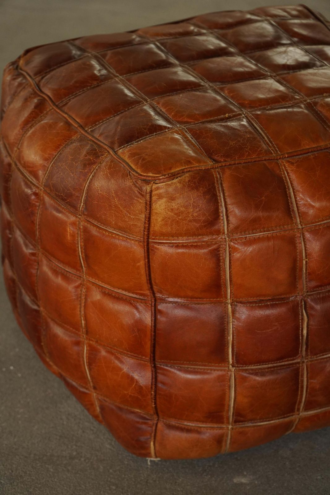 photo for sale Mid 20th Century, Cube Pouf / Ottoman In Patinated Brown Leather, 1960s