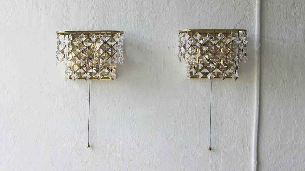 Hollywood Regency Brass And Crystal Glass Wall Lamps From Palwa, Set Of 2 photo Lighting