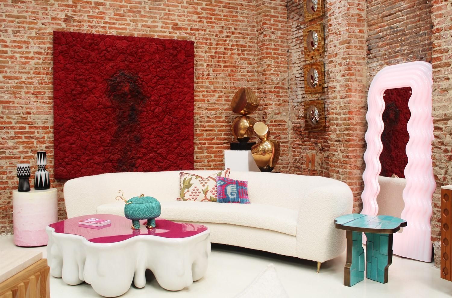 photo for sale Curved Four Seat Italian Sofas With Brass Legs And Ivory Bouclé, Set Of Two