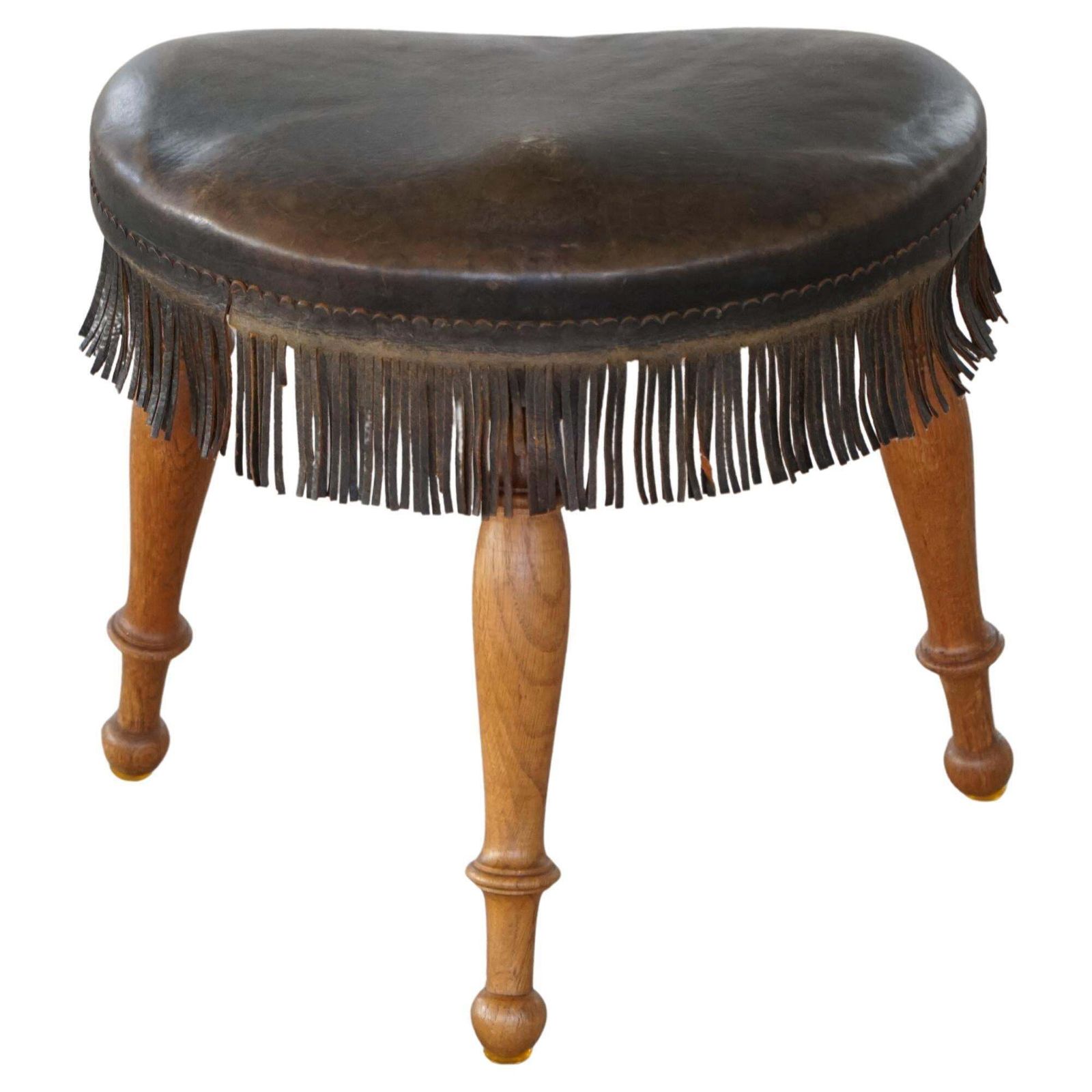 Early 20th Century, Danish Tripod Oak Stool With Leather Fringe, 1930s