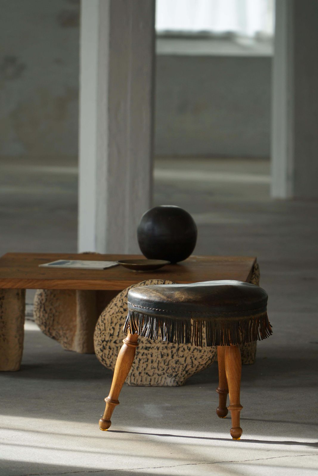 Early 20th Century, Danish Tripod Oak Stool With Leather Fringe, 1930s photo furniture