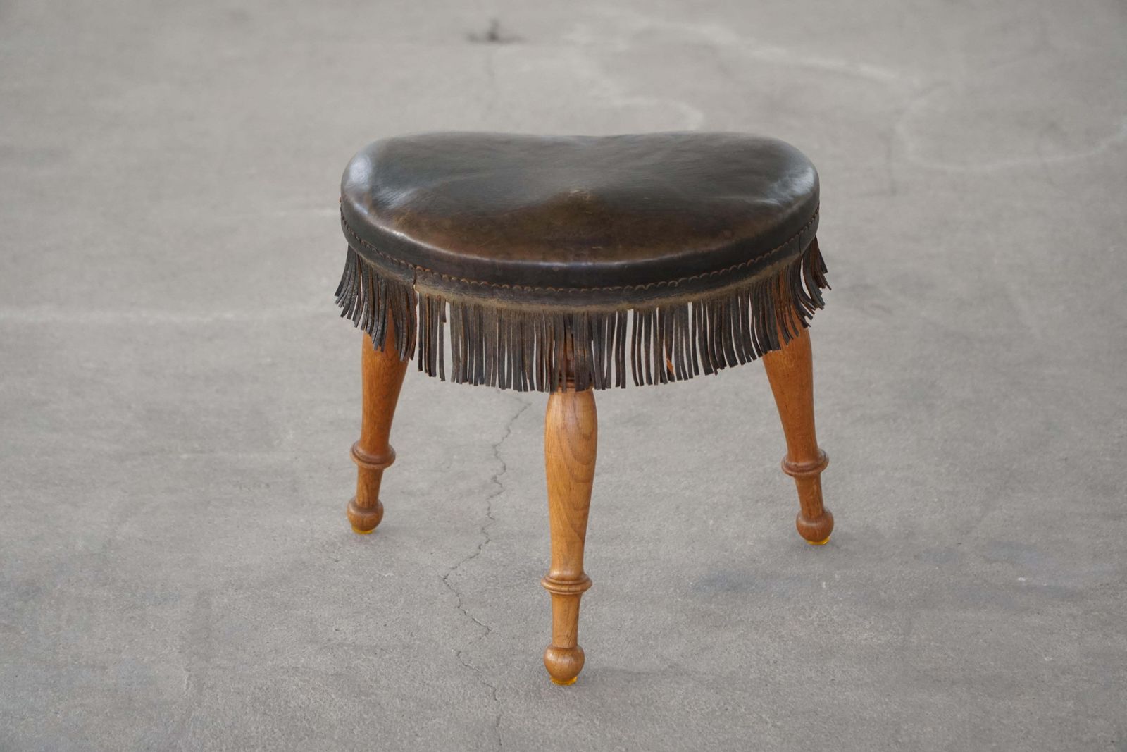 Early 20th Century, Danish Tripod Oak Stool With Leather Fringe, 1930s photo buy