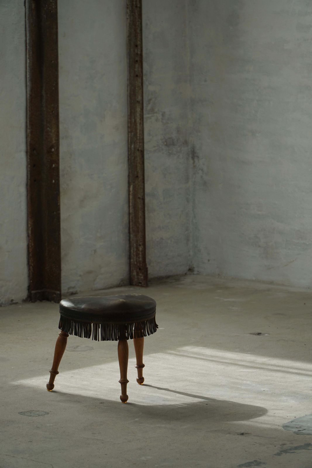 Early 20th Century, Danish Tripod Oak Stool With Leather Fringe, 1930s photo vintage
