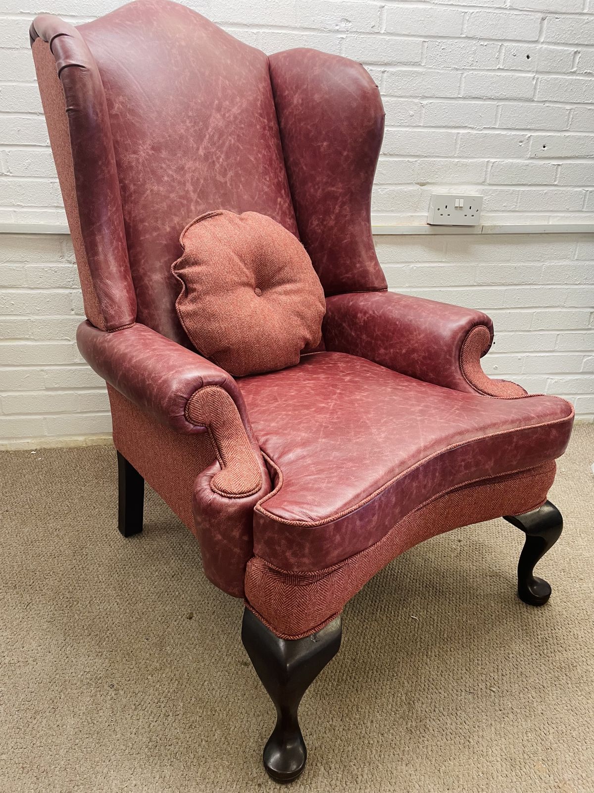 Vintage Duresta Wingback Chair Newly Reupholstered In Genuine Italian Leather And Abraham Moon Fabric