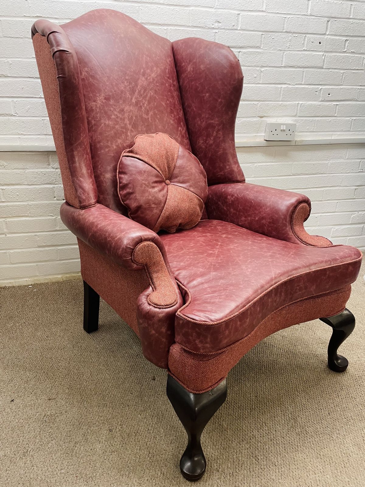 Vintage Duresta Wingback Chair Newly Reupholstered In Genuine Italian Leather And Abraham Moon Fabric photo for sale