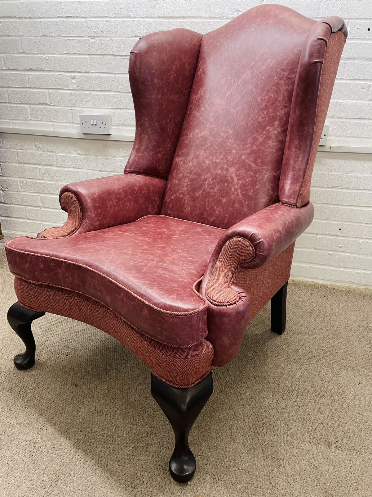 Vintage Duresta Wingback Chair Newly Reupholstered In Genuine Italian Leather And Abraham Moon Fabric photo vinterior