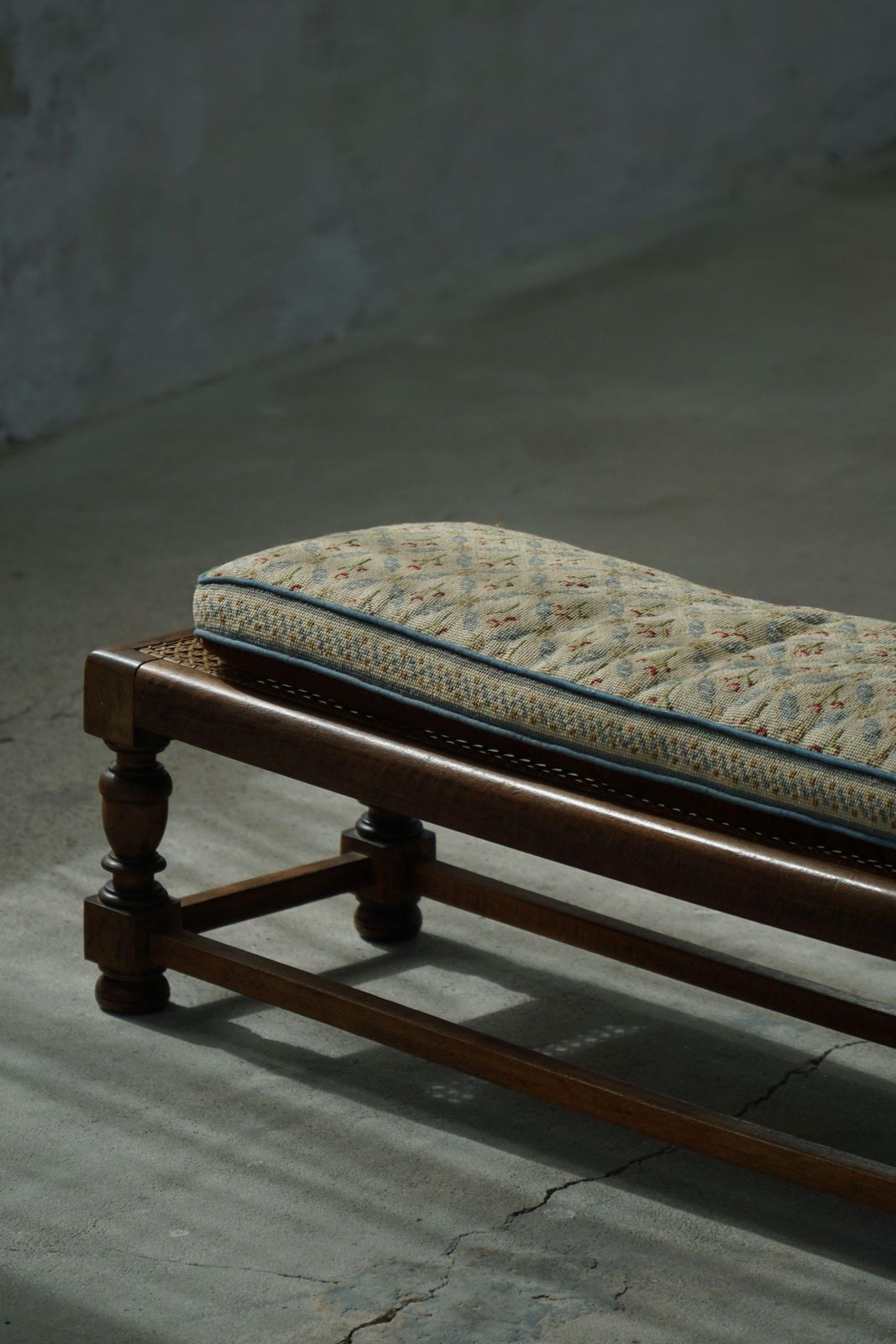 Danish Oak Footstool With Hand Embroidered Cushion & Cane Seat, Baroque, 1940s photo vinterior