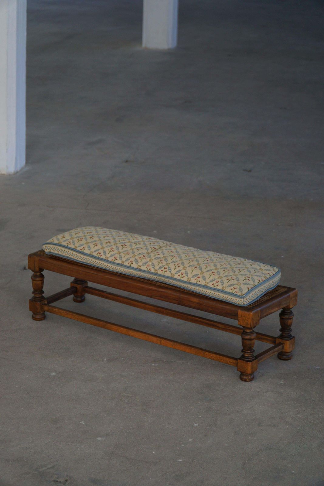 Danish Oak Footstool With Hand Embroidered Cushion & Cane Seat, Baroque, 1940s photo vintage