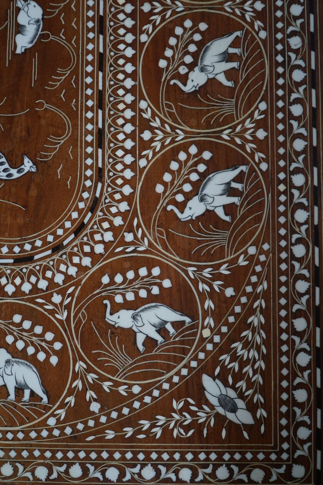 Vintage Indian Inlaid Teak Coffee Table With Elephant Motifs, Mid 20th Century photo buy