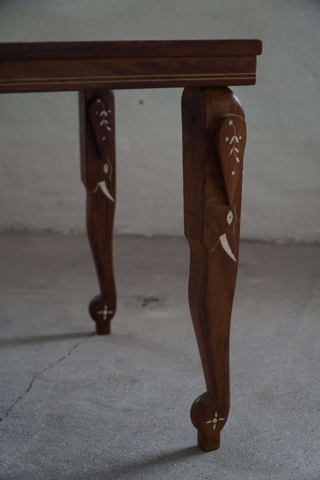 photo furniture Vintage Indian Inlaid Teak Coffee Table With Elephant Motifs, Mid 20th Century