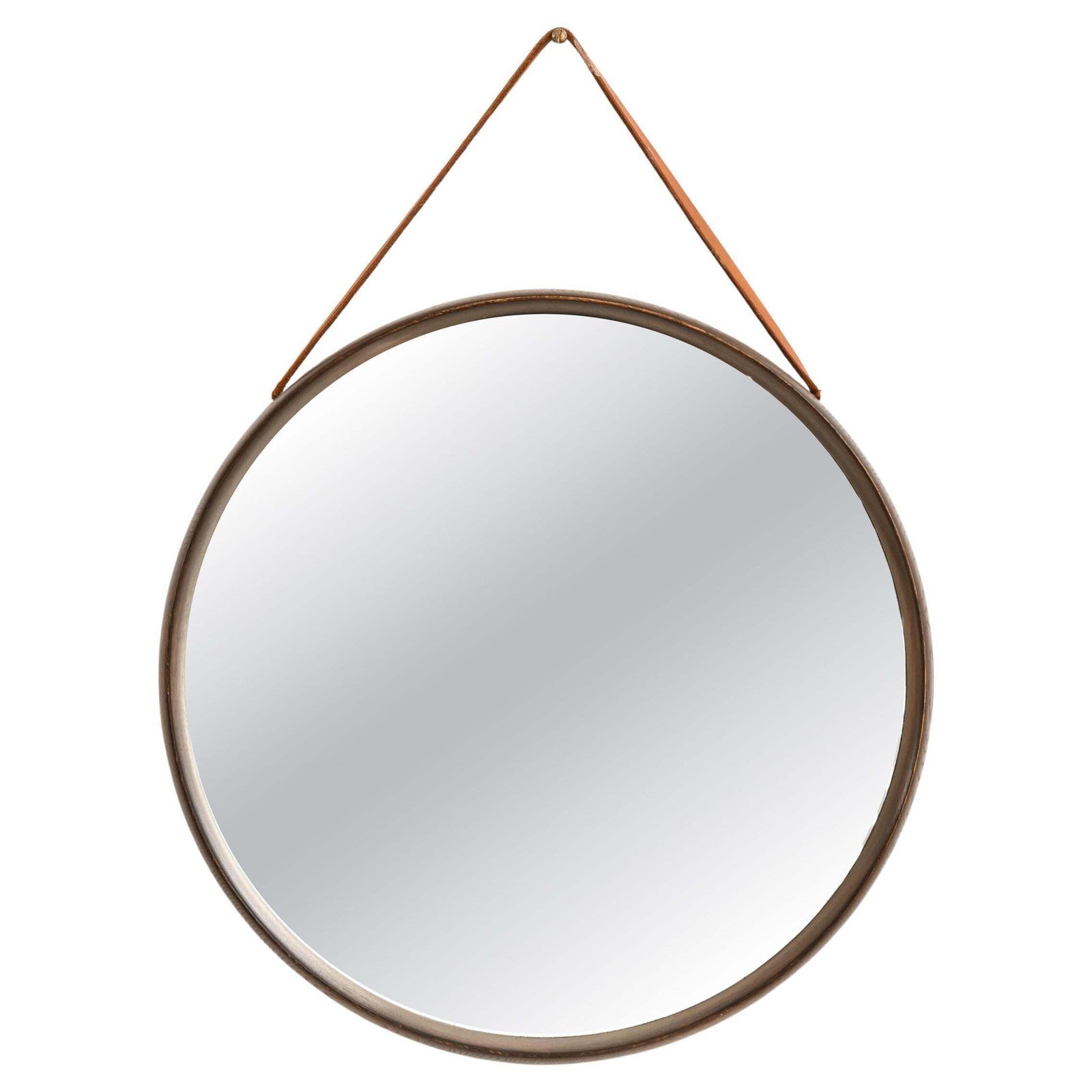 Round Mirror With Dark Stained Oak Frame By Uno & östen Kristiansson, 1950s
