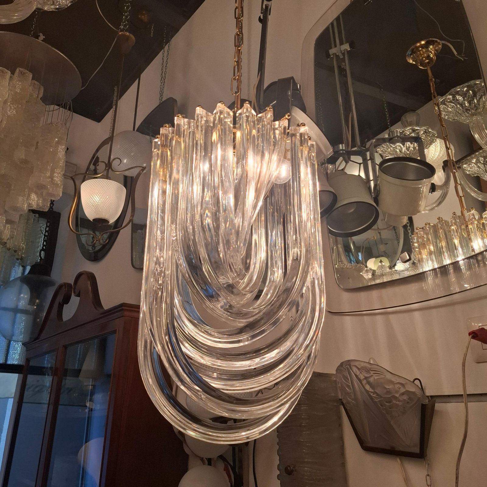 photo for sale Venini Chandelier Murano Glass Brass 1970 Italy