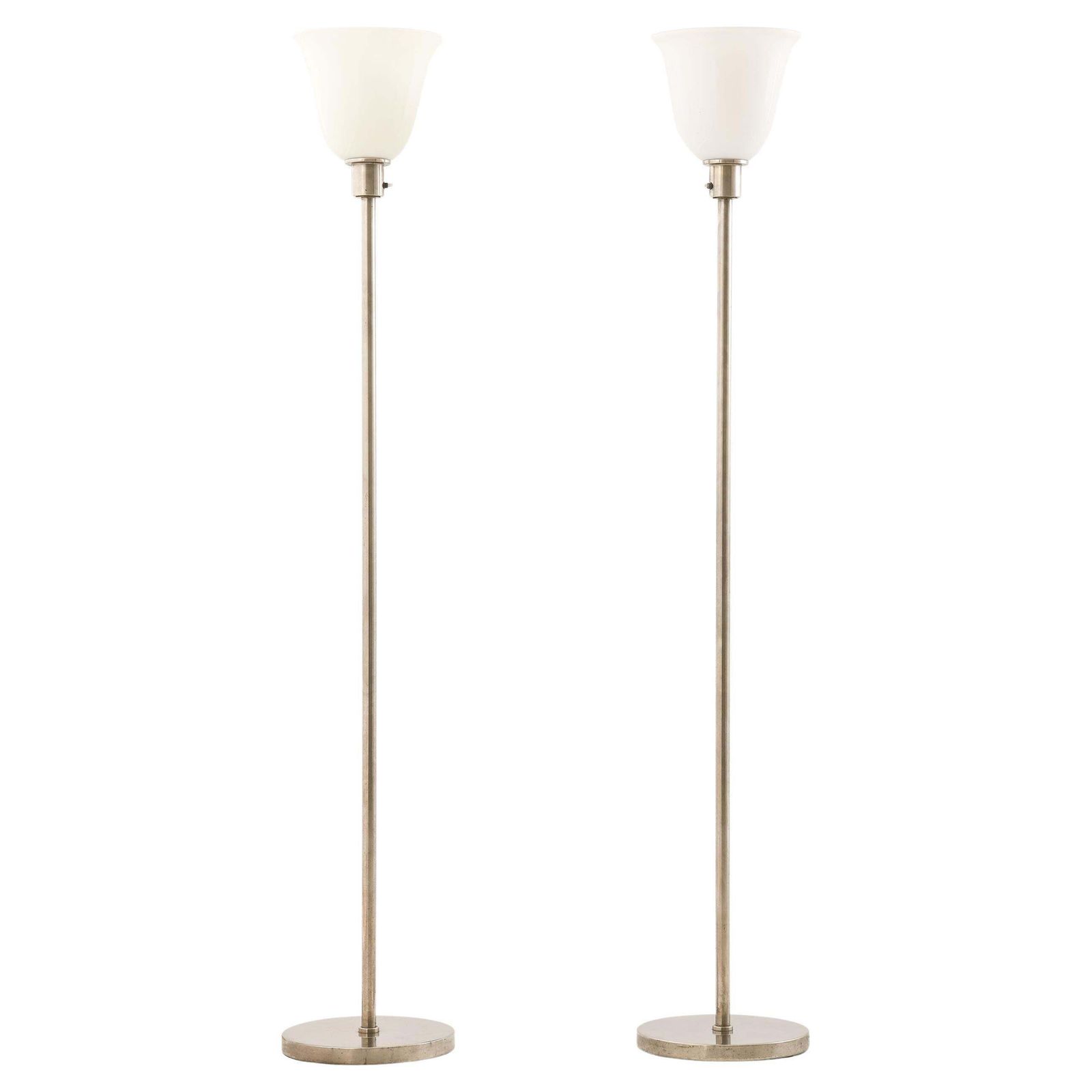 Pair Of Floor Lamps In Nickel And Opaline Glass By Harald Notini, 1930s