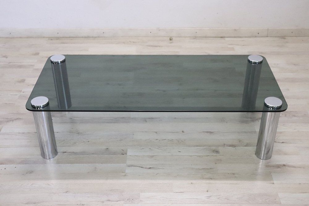 Coffee Table In Chromed Metal And Smoked Glass, 1970s photo for sale