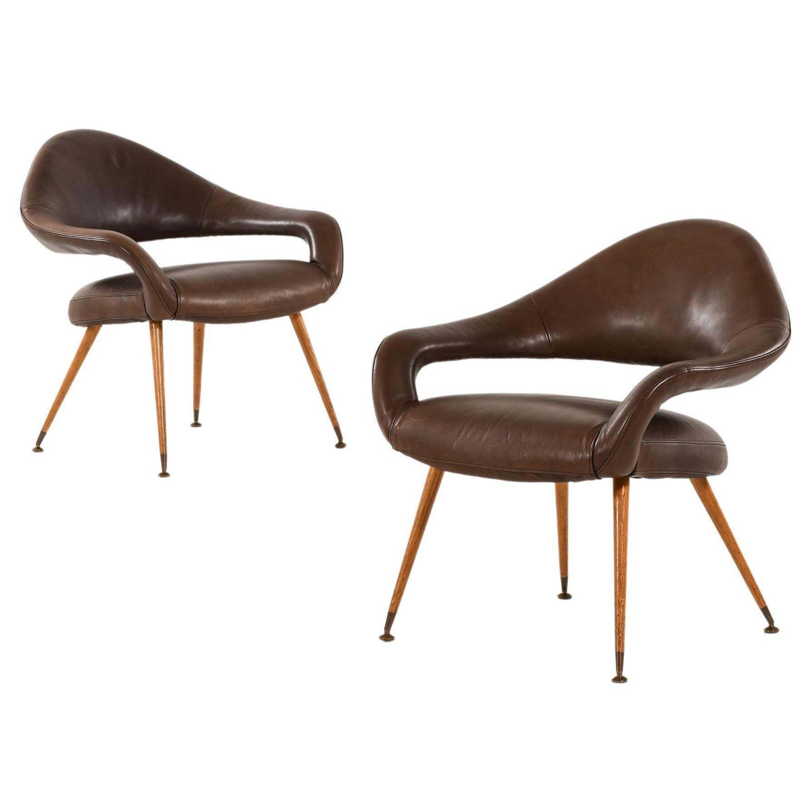 Pair Of Easy Chairs In Oak, Brass & Leather Upholstery By Gastone Rinaldi, 1954