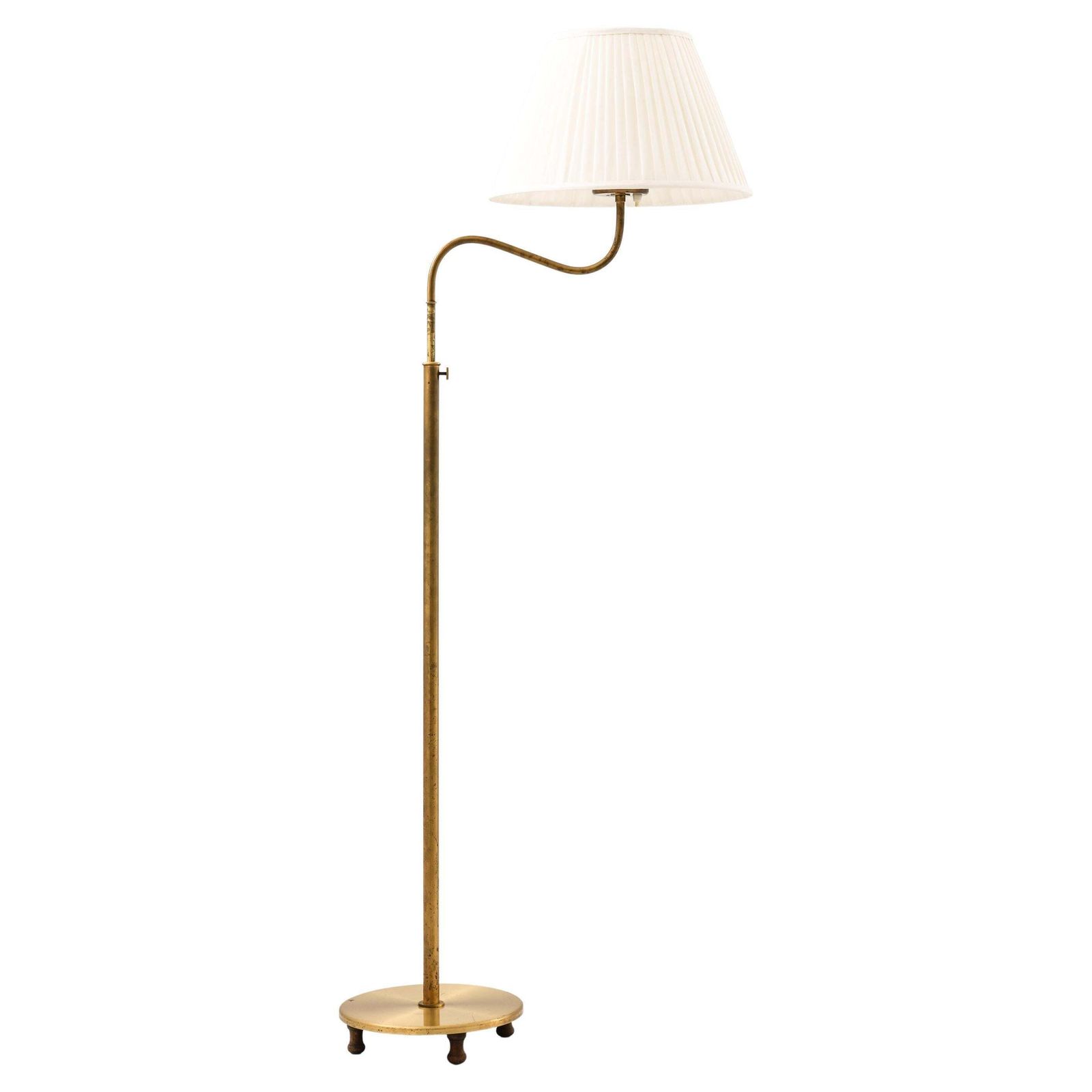 Height Adjustable Floor Lamp In Brass, Mahogany And New Lamp Shade, 1940's