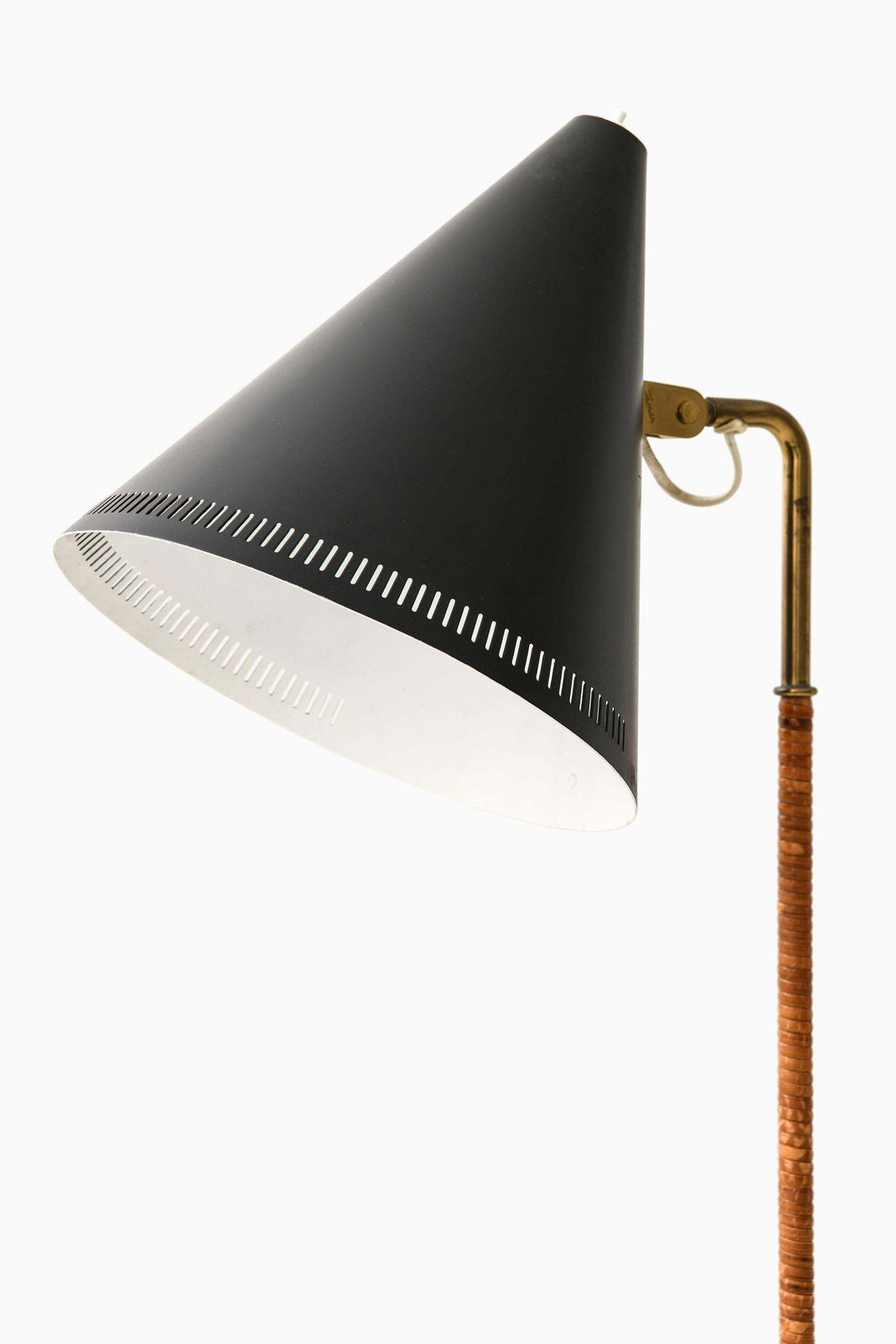 Early Floor Lamp In Black Metal, Brass And Wrapped Cane By Paavo Tynell, 1940's photo Lighting