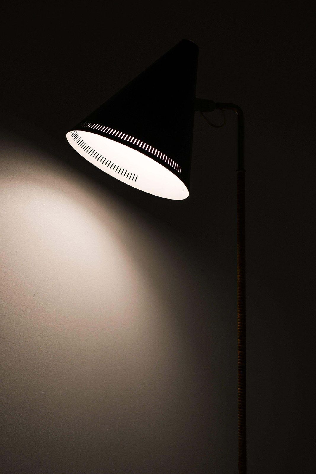 Early Floor Lamp In Black Metal, Brass And Wrapped Cane By Paavo Tynell, 1940's photo buy