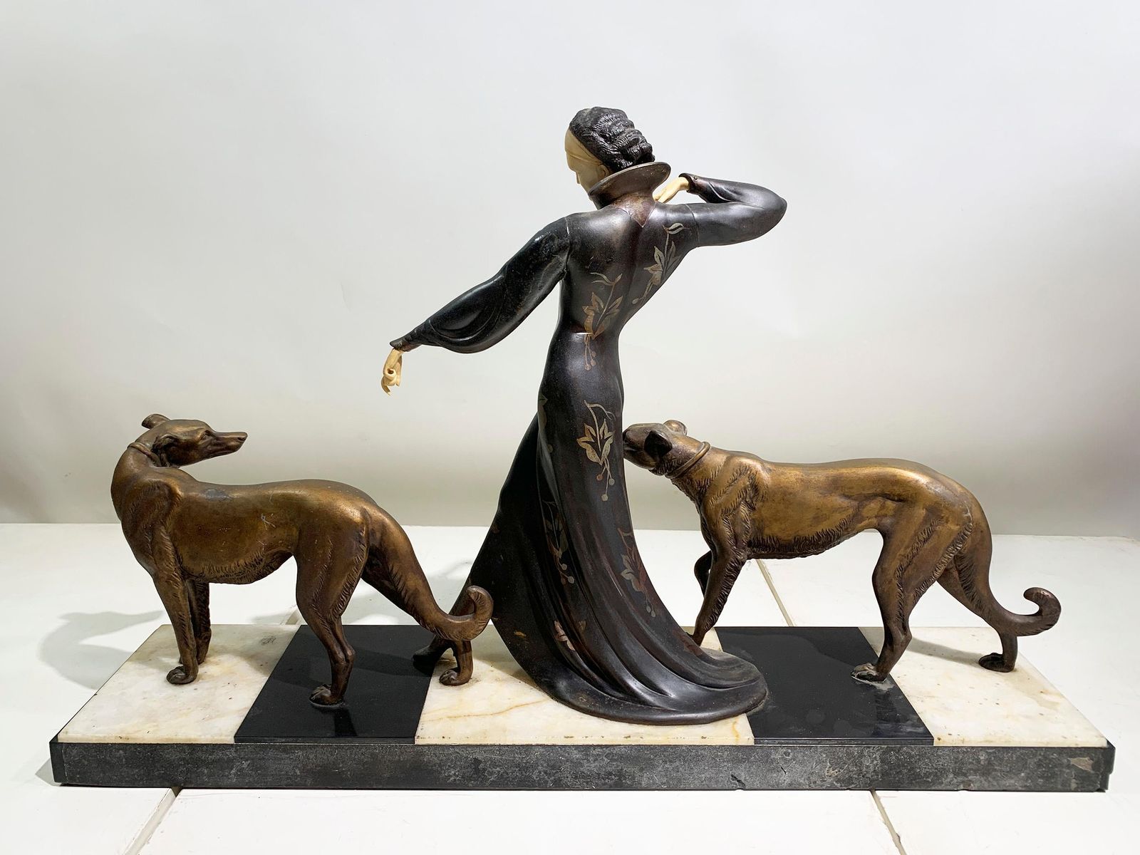 Art Deco Sculpture Of Woman Walking Borzois Attributed To Georges Gori photo buy