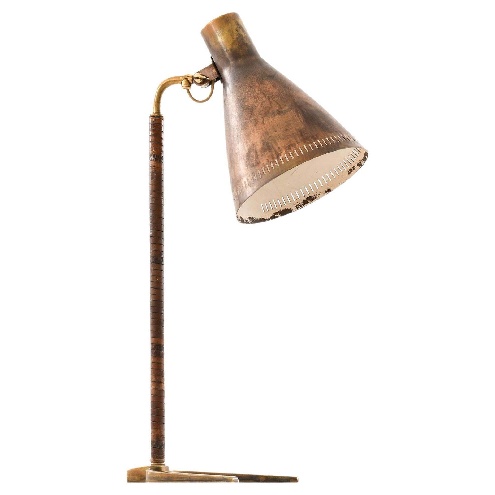 Early Table Lamp In Brass And Leather By Paavo Tynell, 1950's