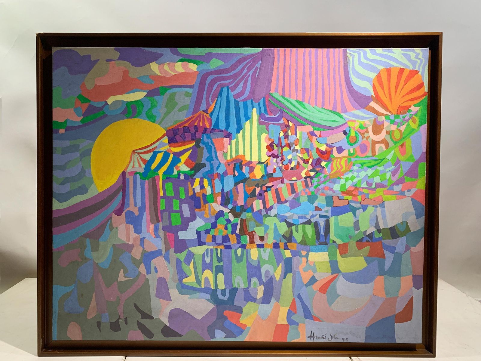 Late 20th Century Vibrant Abstract Painting, Sun, Sea, And Landscape, Signed photo furniture