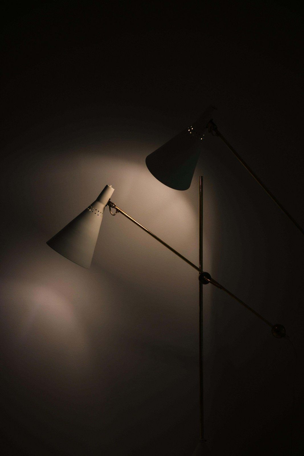 Pair Of Floor Lamps In White Lacquered Metal And Brass By Tapio Wirkkala, 1950's photo for sale
