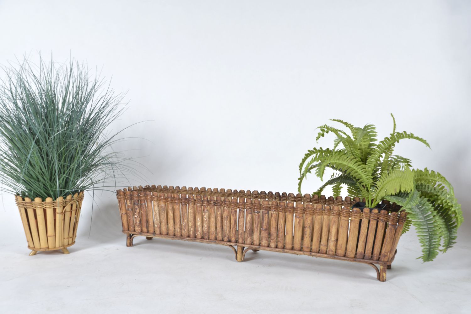 Furniture Midcentury Long Bamboo Rattan Planter Windowbox Jardiniere Tiki 1950s photo