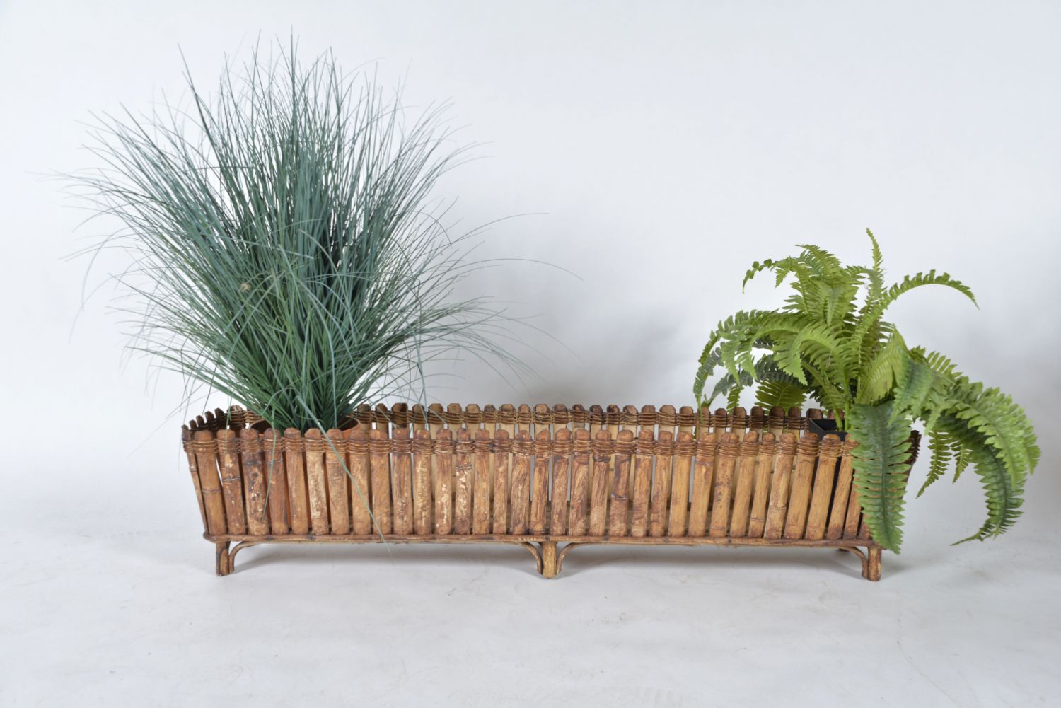 Midcentury Long Bamboo Rattan Planter Windowbox Jardiniere Tiki 1950s photo for sale