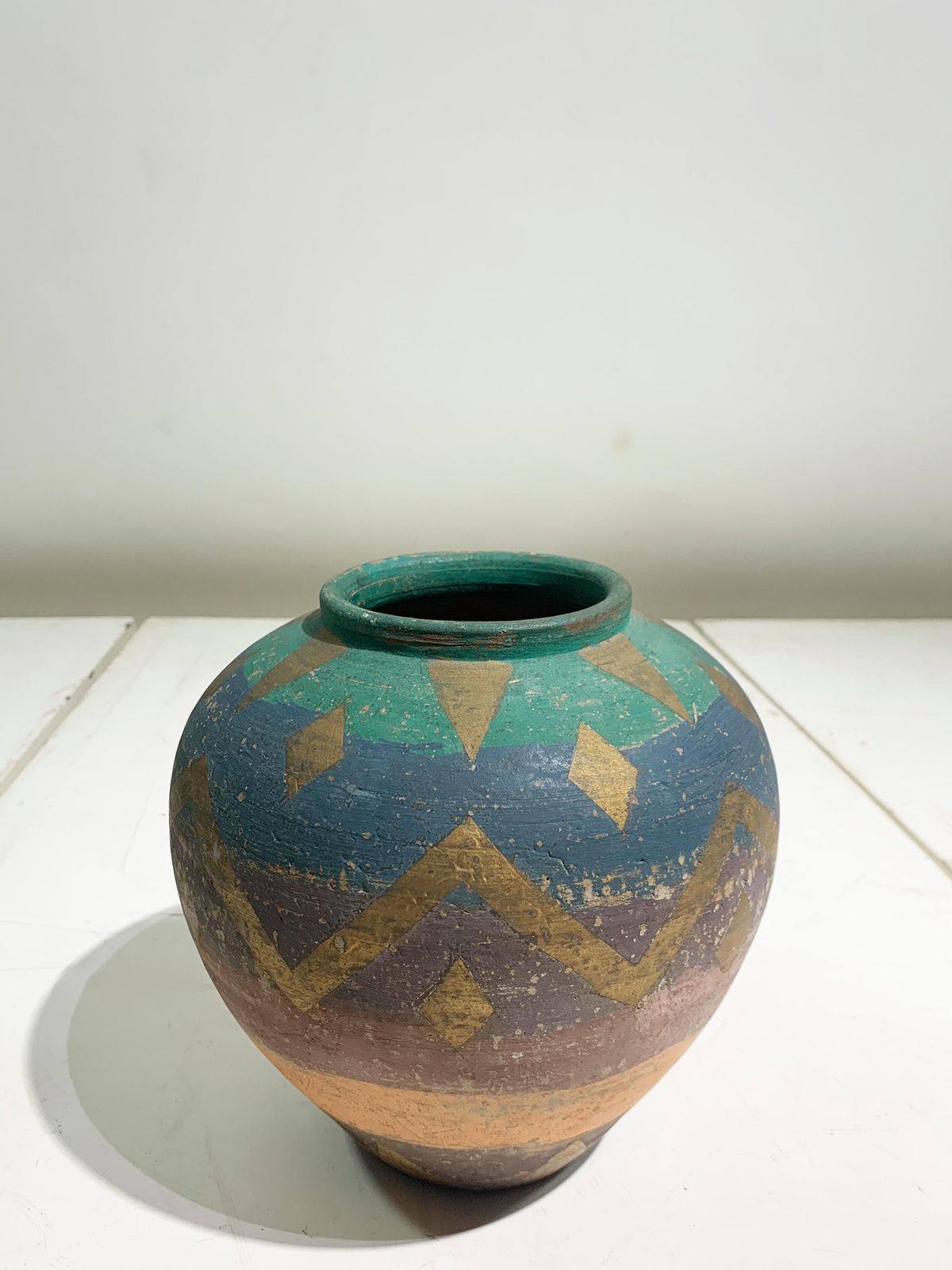 Vintage Hand Painted Terracotta Aztec Inspired Pottery Vase, Circa 1960 photo for sale